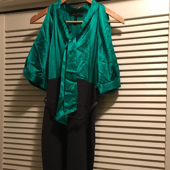 BCBG MaxAzria Green Silk shirt/Grey Skirt DRESS - Picture 2 of 6